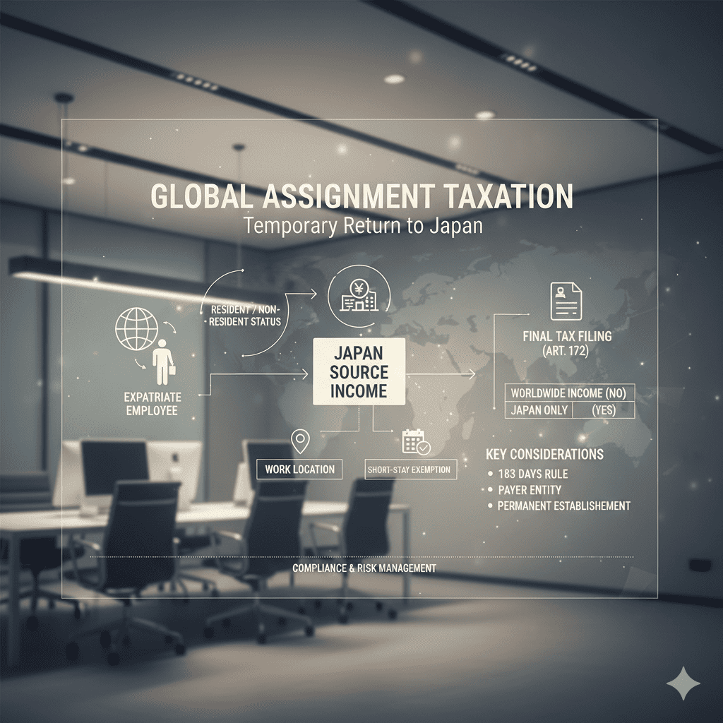Complete guide to tax obligations for Japanese employees temporarily returning from overseas assignments. Learn resident status rules, filing requirements & exemptions.
